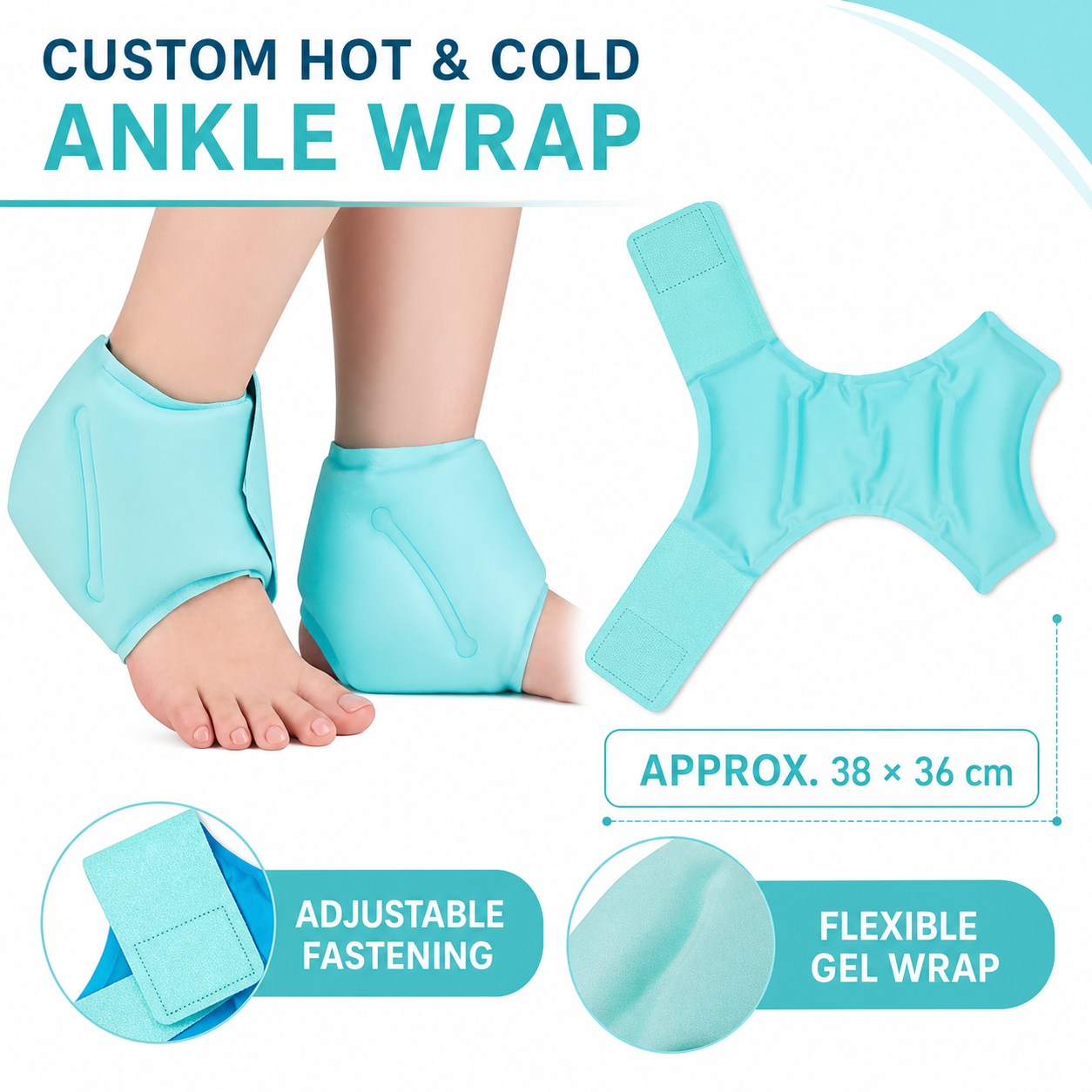 custom-hot-cold-ankle-ice-pack-wrap Turquoise reusable hot and cold ankle ice pack wrap with adjustable fasteners