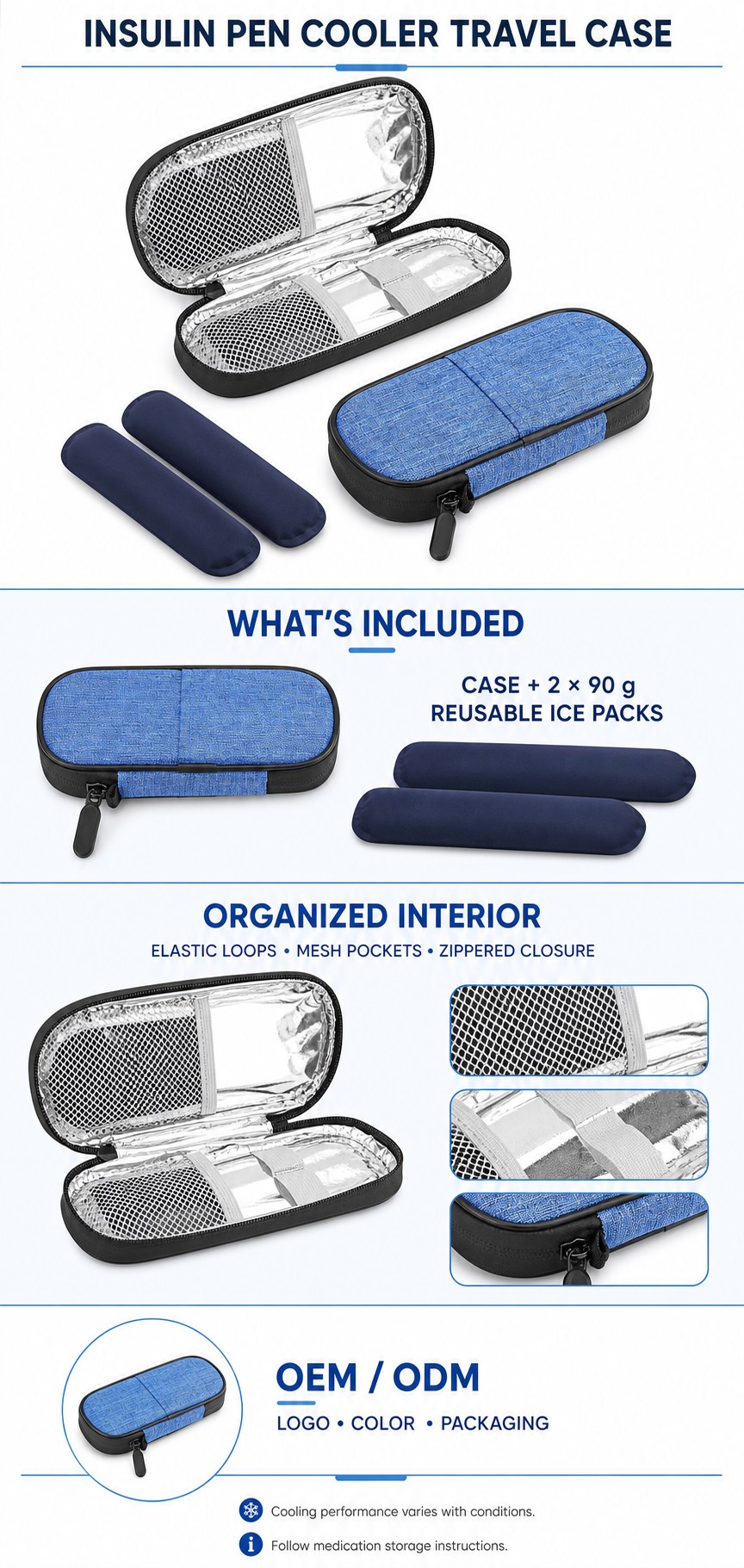 Insulin pen cooler travel case with organized interior and OEM customization options