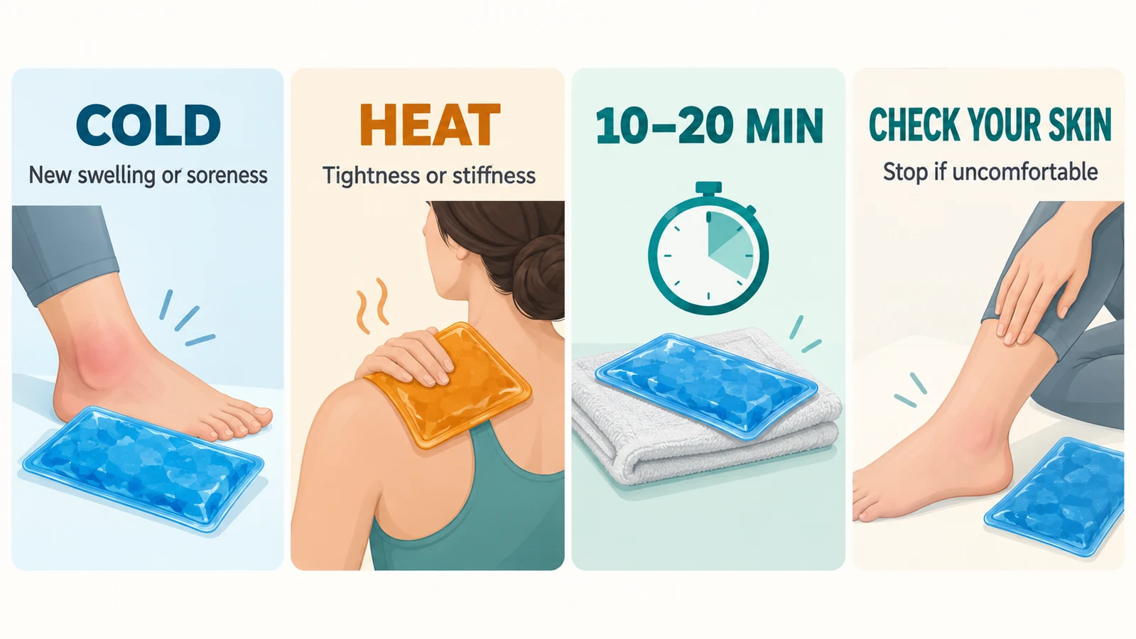 Hot and cold pack safety guide showing when to use cold or heat