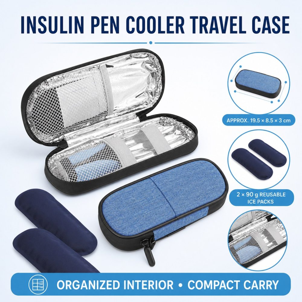Blue insulin pen cooler travel case with two 90g reusable ice packs